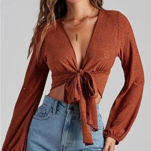 Windsor Terracotta Eyelet Tie-Front Blouse